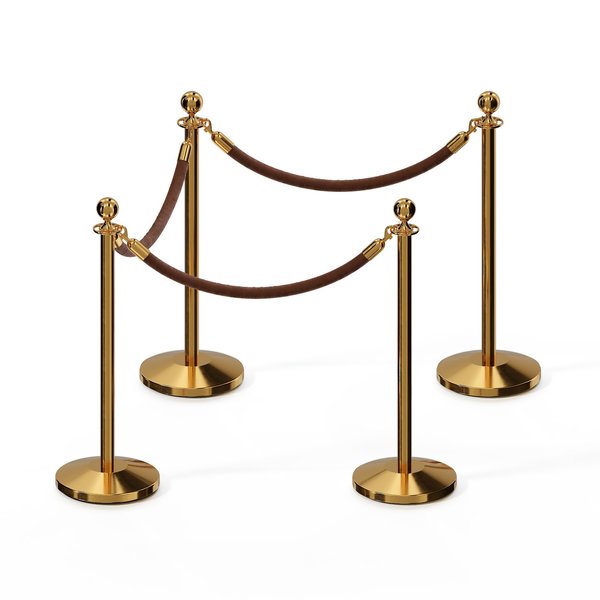 Montour Line Stanchion Post and Rope Kit Pol.Brass, 4 Ball Top3 Tan Rope C-Kit-4-PB-BA-3-PVR-TN-PB